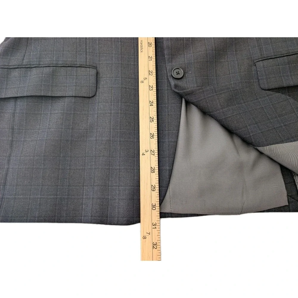 Hickey Freeman Suit Mens 44R Gray Blue Windowpane 2 Button 100% Wool 36x29 USA
